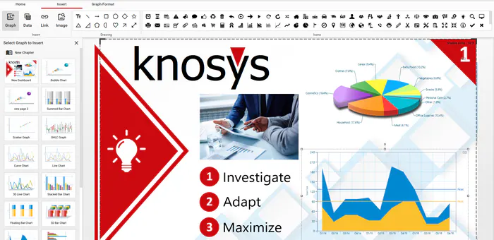 The Knosys dashboard editor's chart-type gallery: bubble, scatter, OHLC, curve, line, 3D line, stacked bar, floating bar, 3D bar, and area.