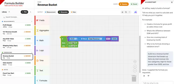 The Knosys formula builder assembling a revenue bucket dimension from Blockly blocks, marked valid.