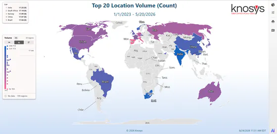 A Knosys world map shading the top 20 locations by volume, with a top-five leaderboard panel.