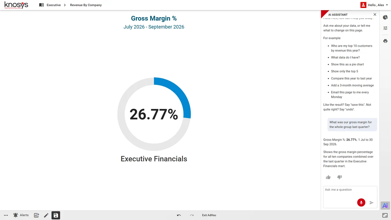 Knosys answering "What was our gross margin for the whole group last quarter?" with a single ring reading 26.77%, Gross Margin %, July to September 2026.